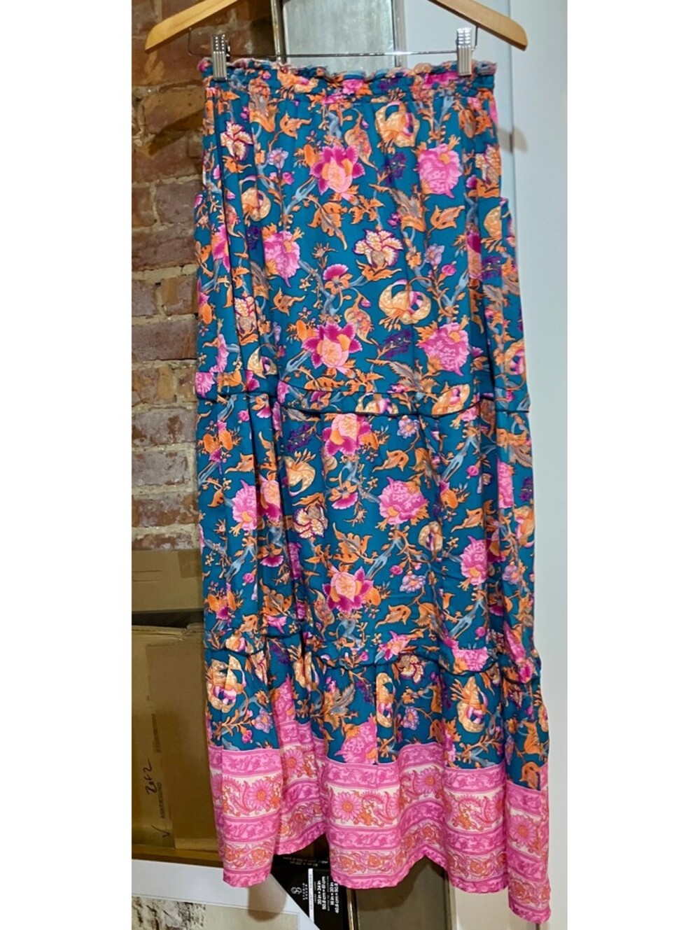 Reworked Boho Floral Maxi Skirt Teal Pink Tiered Festival Cottagecore OOAK